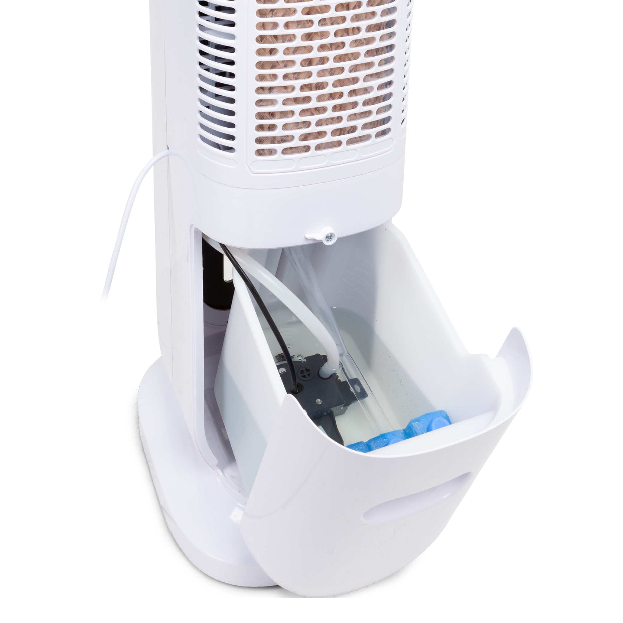Ein weißer Luftkühler mit ausziehbarem Wassertank und Pumpe.