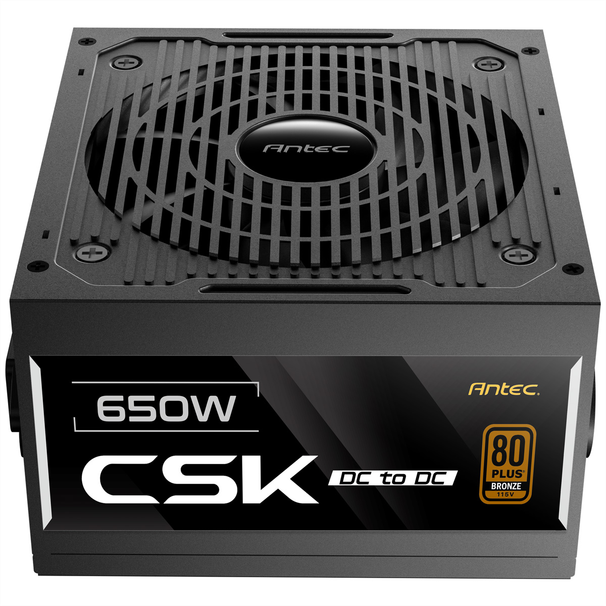 Fuente de alimentación Antec negra de 650W con rejilla de ventilador.