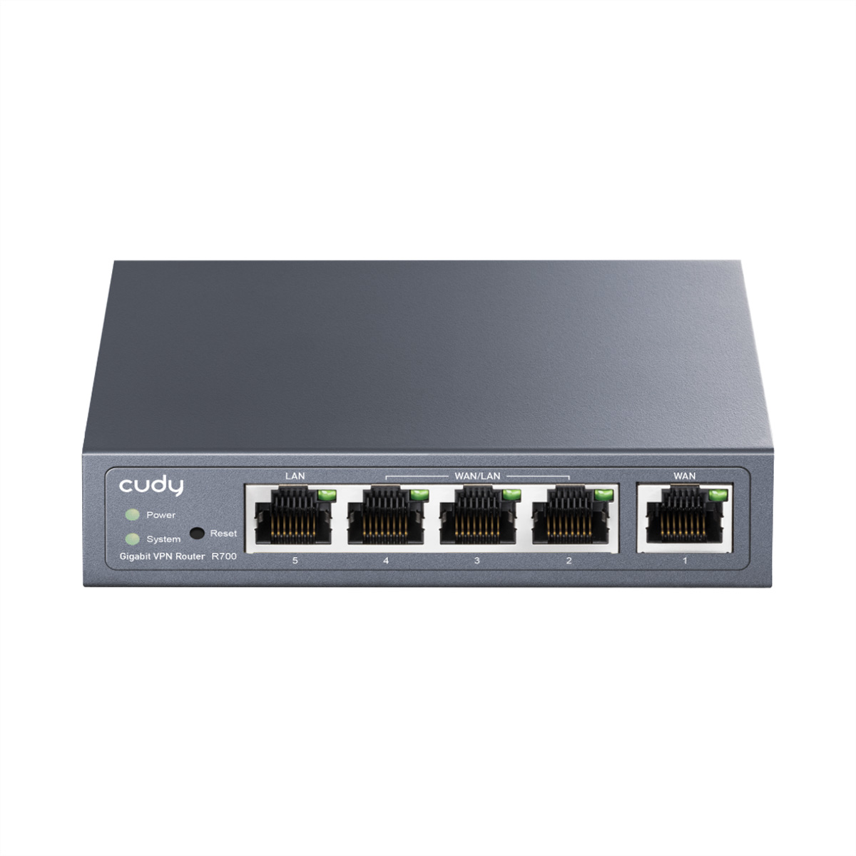 Grauer Cudy Gigabit VPN Router R700 mit 5 Ethernet-Ports und Status-LEDs.