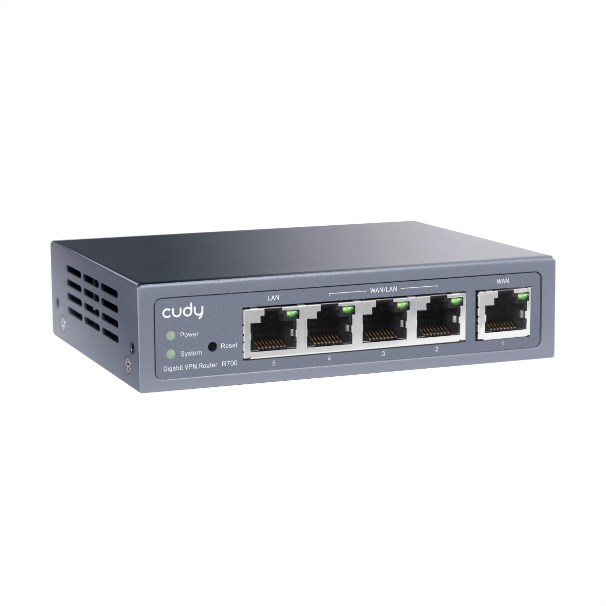 Grauer Cudy Gigabit VPN Router R700 mit 5 LAN/WAN Ports und Lichter.