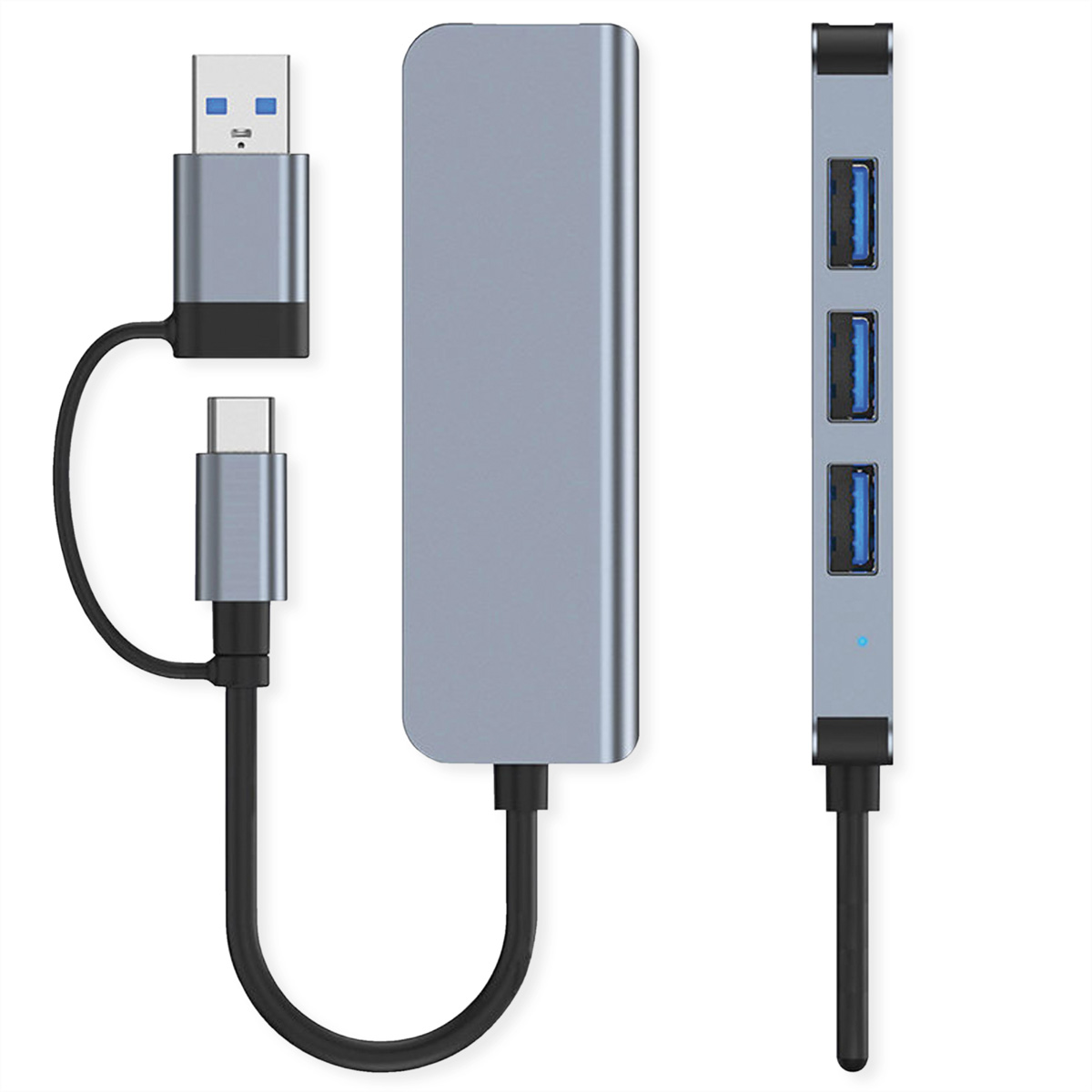 Grauer USB-C-Hub mit drei USB-A-Anschlüssen und einem USB-C-Anschluss.