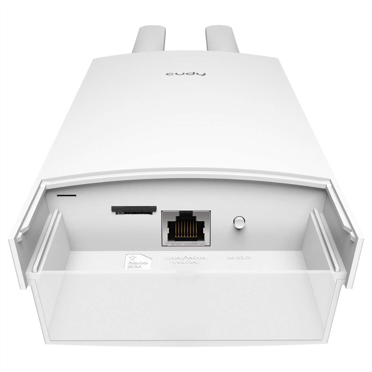 Weier Router mit zwei Antennen, SIM-Slot, LAN/WAN-Port und Reset-Knopf.