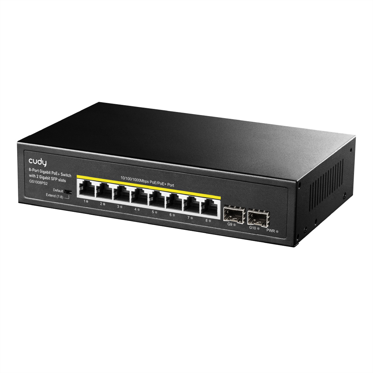 Czarny 8-portowy przełącznik Gigabit PoE+ z 2 gniazdami SFP, model GS1008PS2.