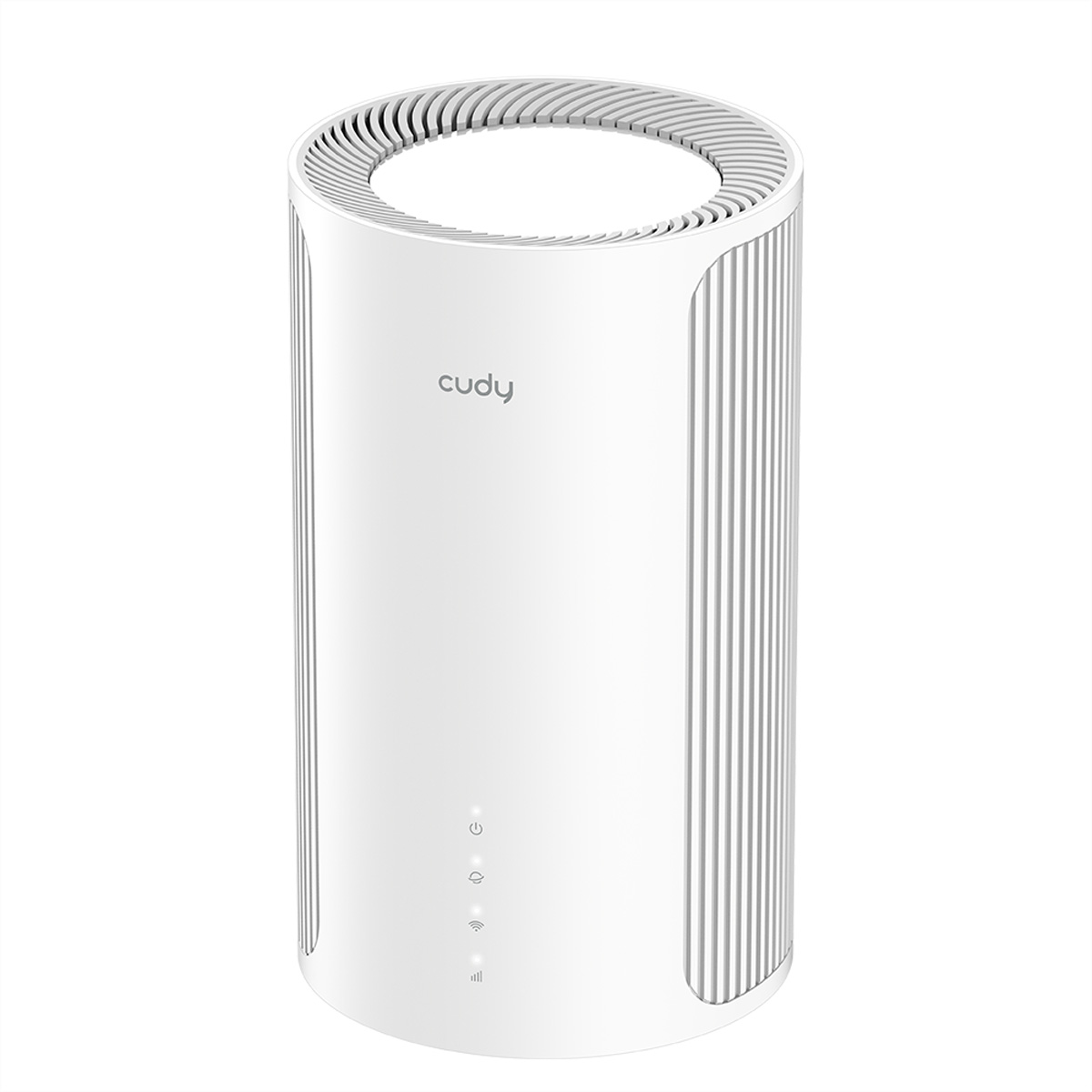 Ein weißer, zylindrischer Router mit Lüftungsschlitzen oben und vertikalen Rippen an den Seiten.