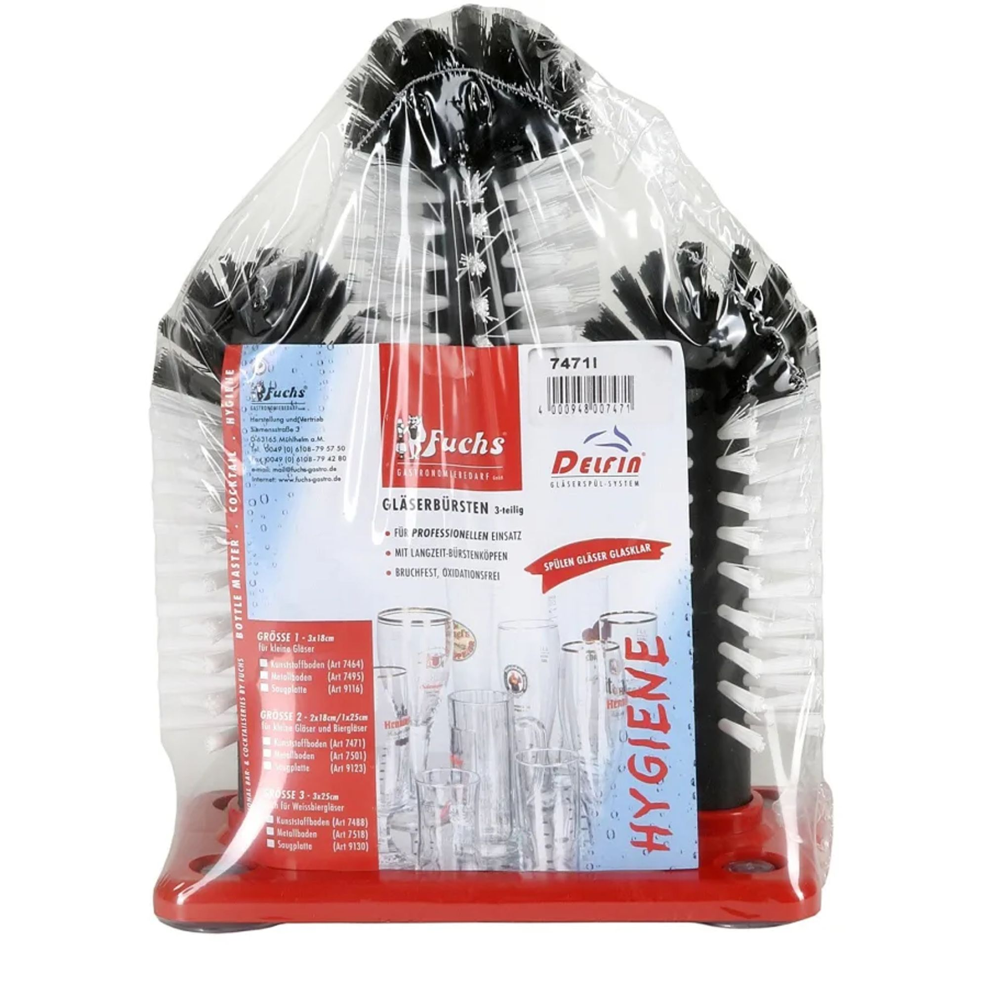 Spazzole per bicchieri confezionate con base rossa e setole nere.