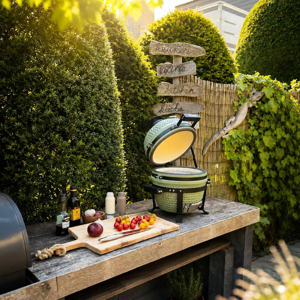 Grill mit geöffnetem Deckel auf Holztisch, daneben Zutaten und Schilder.