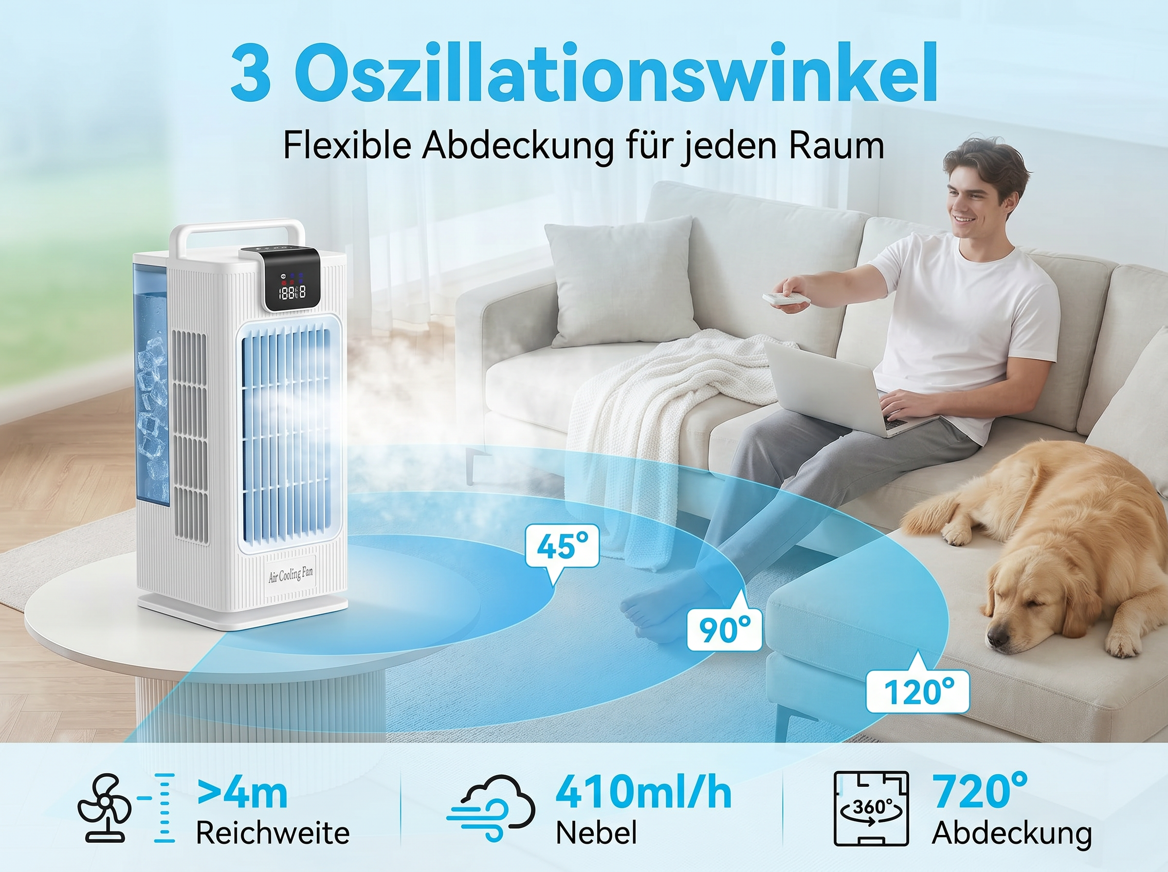 Ein Mann und Hund auf Sofa, Ventilator mit Eis, 3 Oszillationswinkel.