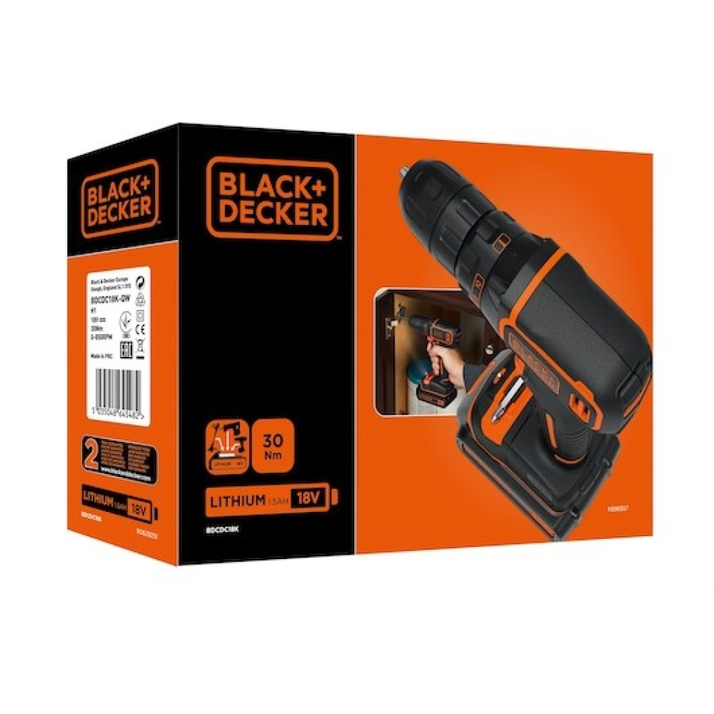 Czarno-pomarańczowy akumulatorowy wiertarko-wkrętarka Black+Decker na opakowaniu.