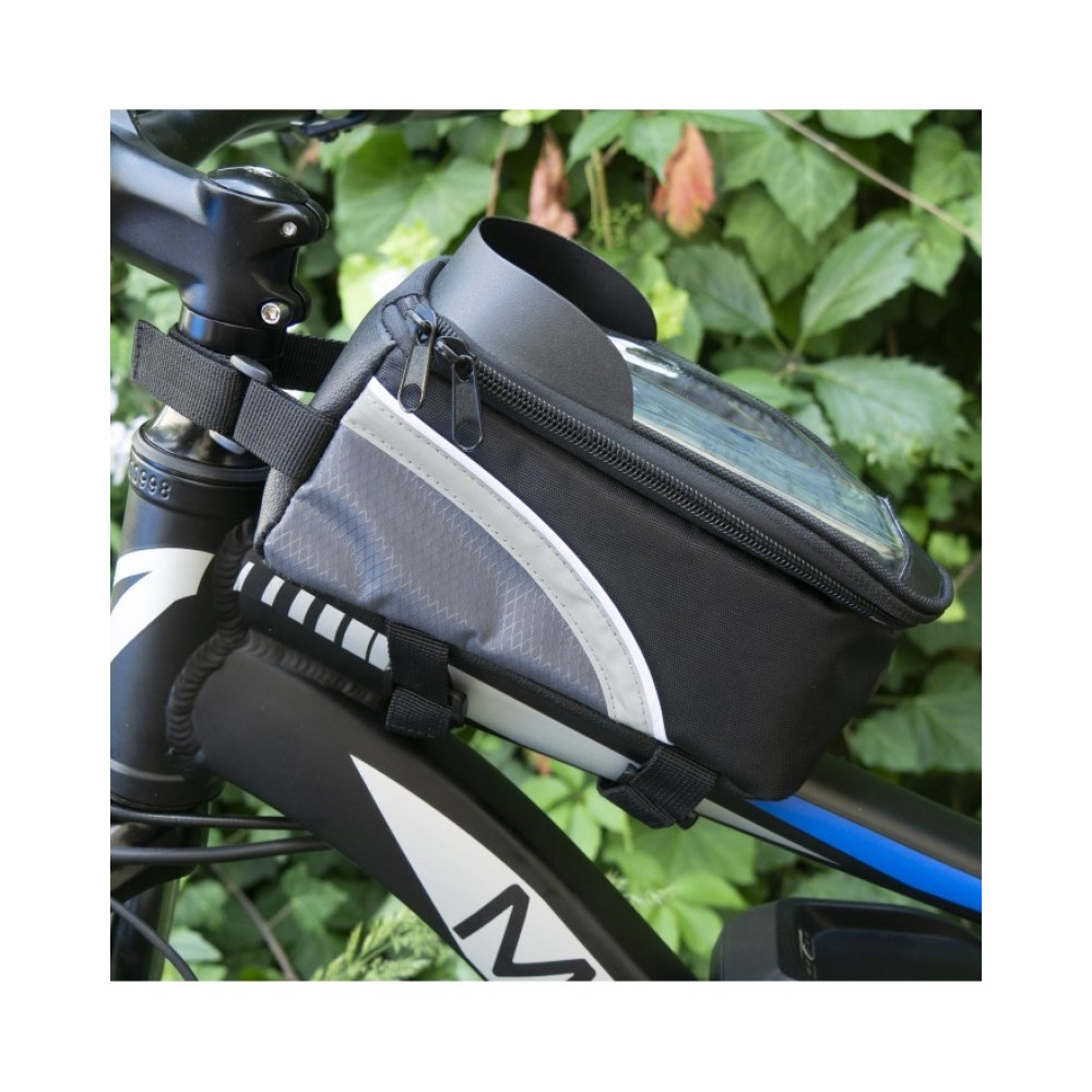 Borsa nera da telaio per bicicletta con porta telefono trasparente.