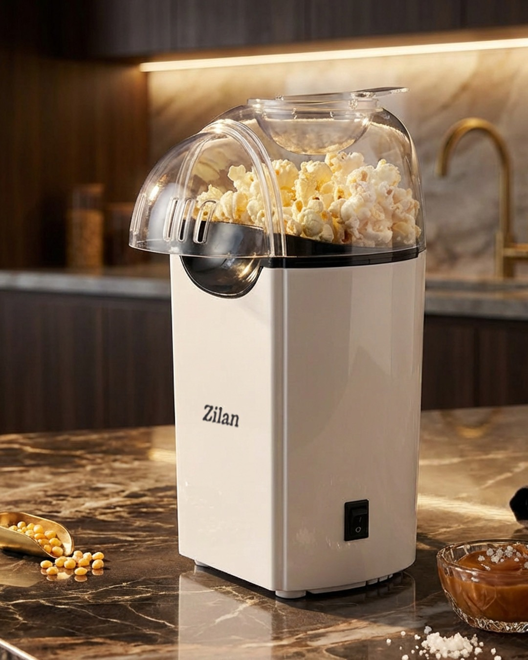 Zilan popcorn makinesi patlamış mısırla dolu, yanında kaplarda mısır ve karamel var.