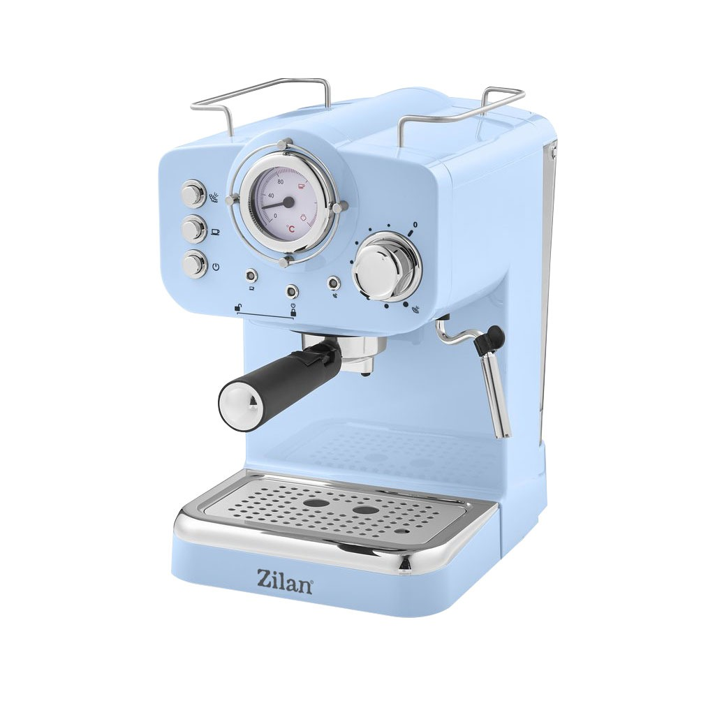 Termometreli ve portafiltreli açık mavi Zilan espresso makinesi.