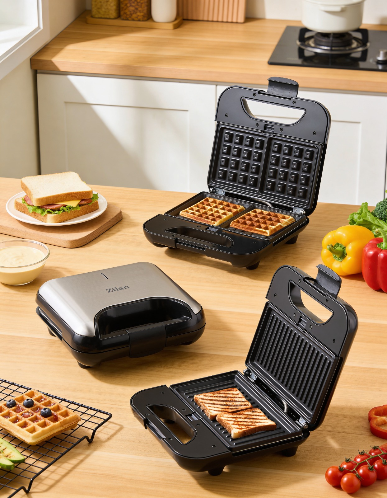 Drei Sandwichmaker mit Toast, Waffeln und Zutaten auf einem Holztisch.