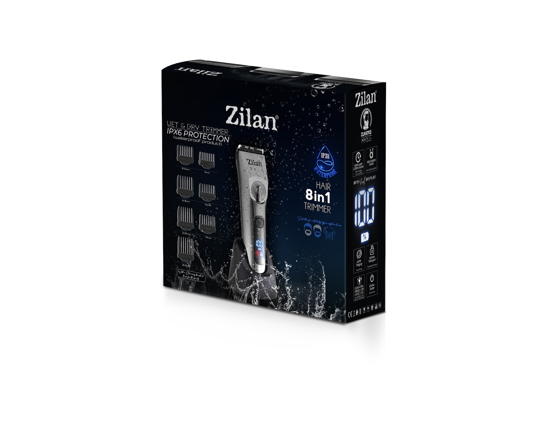 Zilan 8'i 1 arada saç düzeltici paketinde düzeltici, başlıklar ve detaylar bulunur.