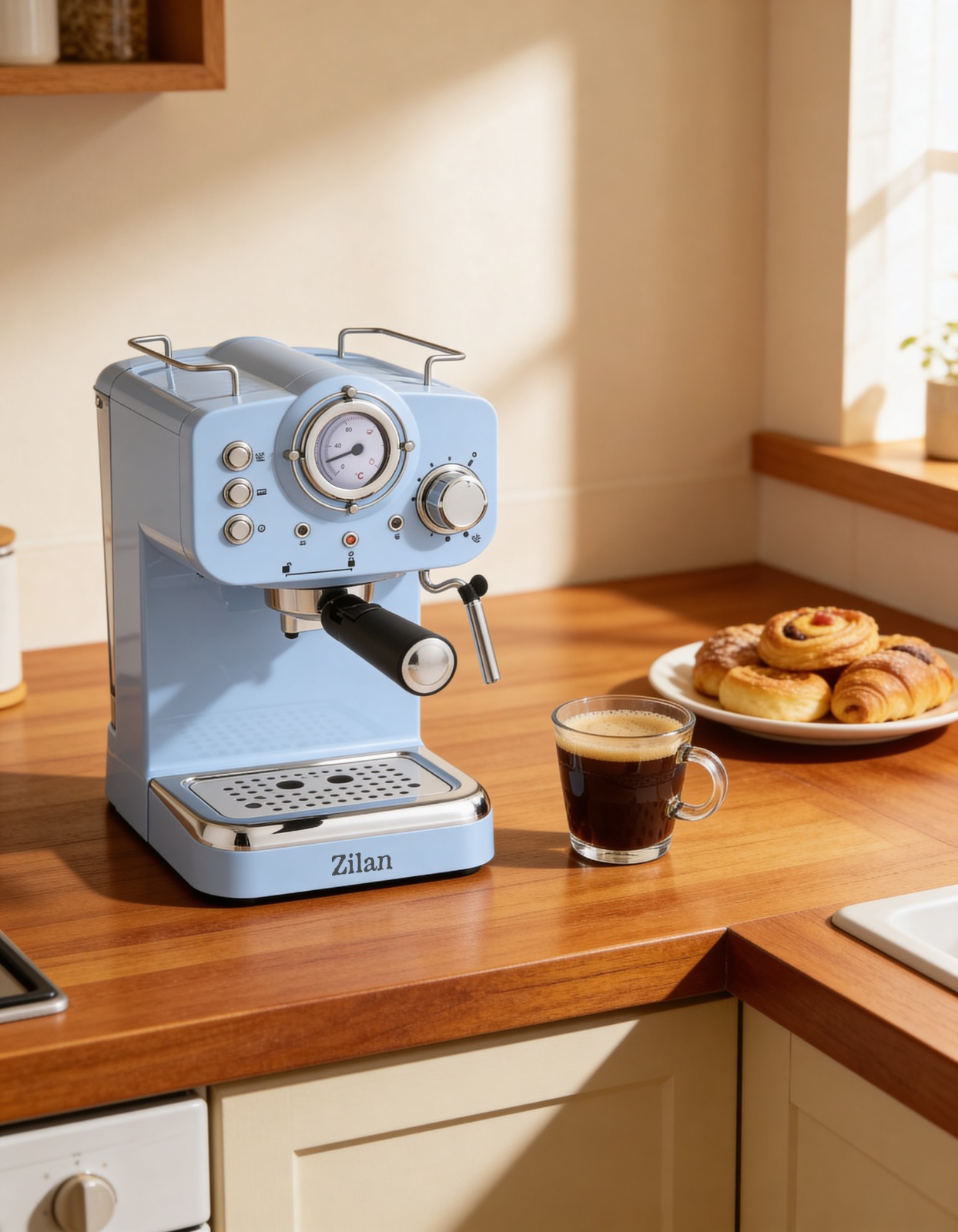 Açık mavi espresso makinesi, bir fincan kahve ve hamur işlerinin yanında ahşap bir yüzeyde duruyor.
