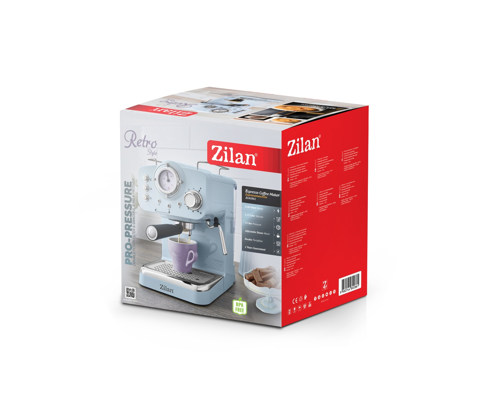 Açık mavi retro espresso makinesi, mor fincanla birlikte ambalajında.