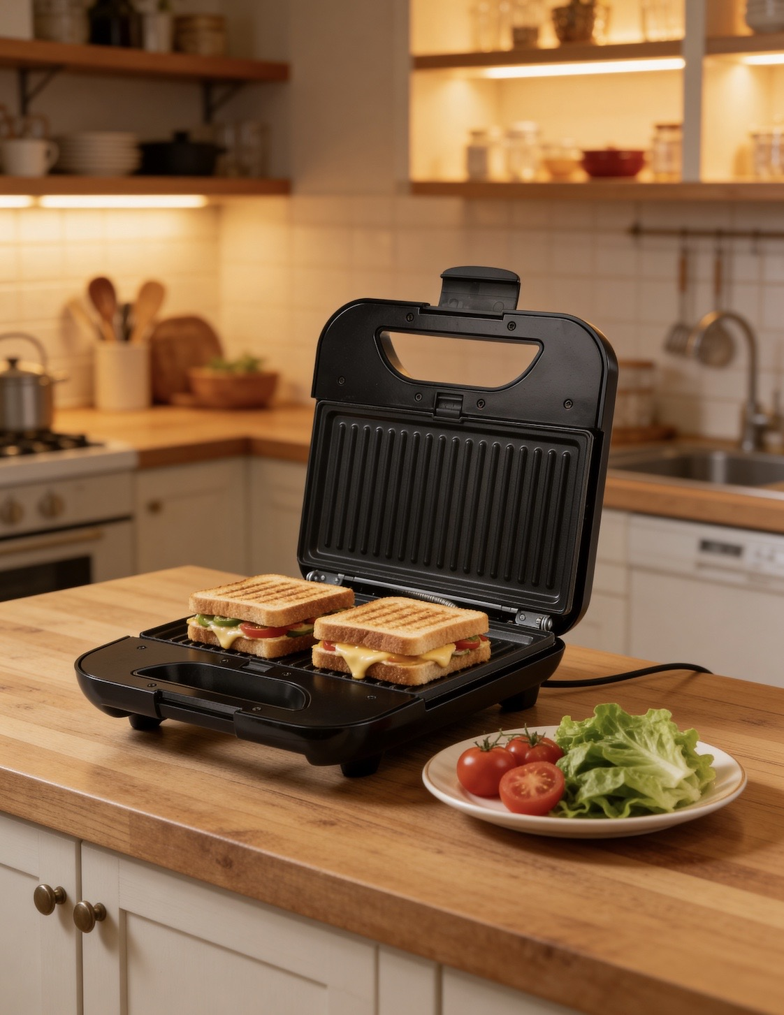 Ein offener Sandwichmaker mit zwei gegrillten Sandwiches, Tomaten und Salat auf einem Holztresen.