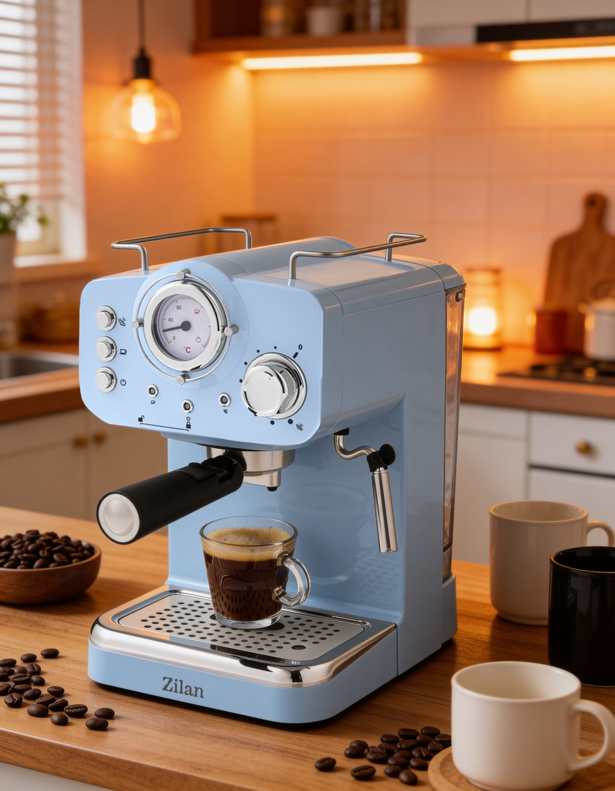 Açık mavi espresso makinesi, bir bardak espresso, kahve çekirdekleri ve fincanlar.