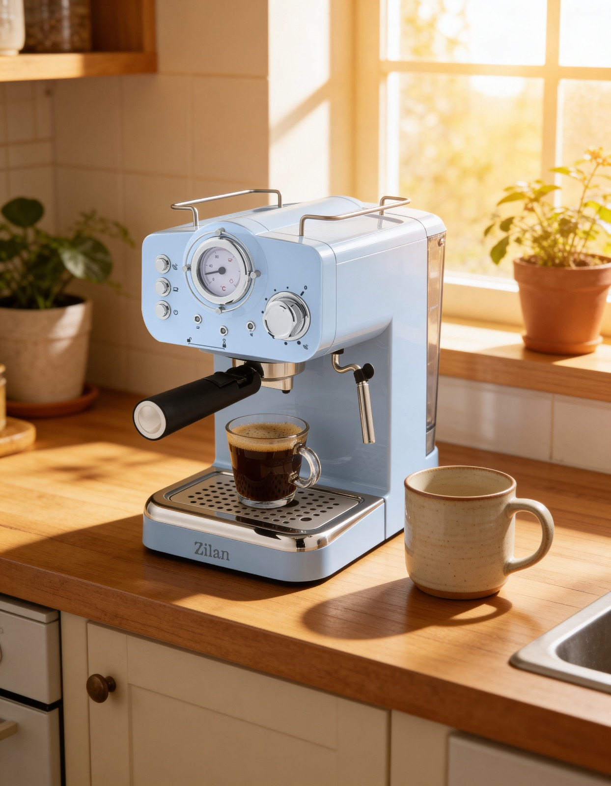 Açık mavi espresso makinesi cam fincana kahve yapıyor. Yanında bej kupa.