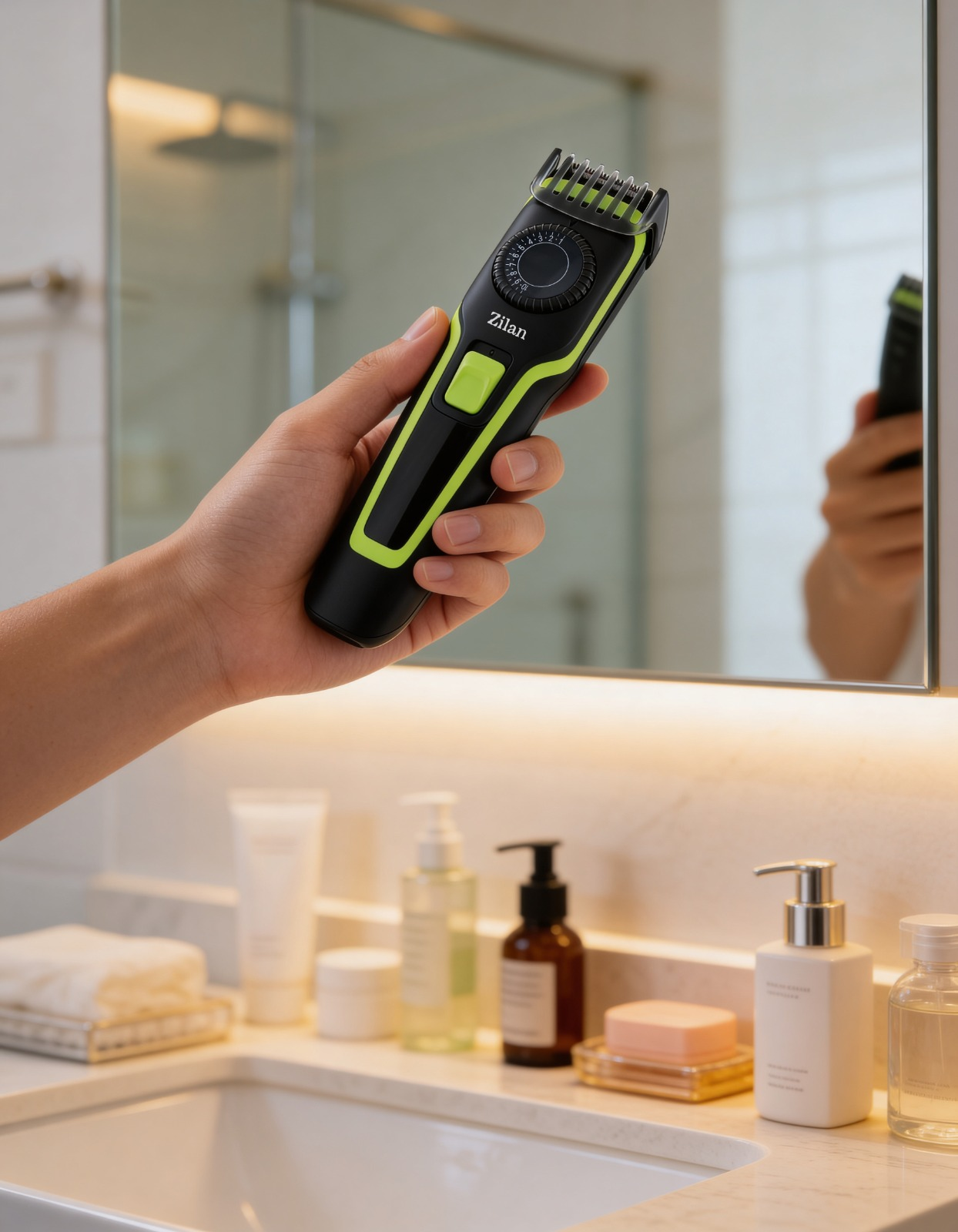 Bir el, banyo aynasının önünde siyah ve neon yeşili bir düzeltici tutuyor.