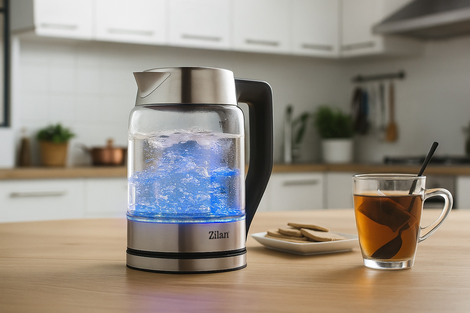 Un bollitore in vetro con luce blu fa bollire l'acqua accanto a una tazza di tè e biscotti.