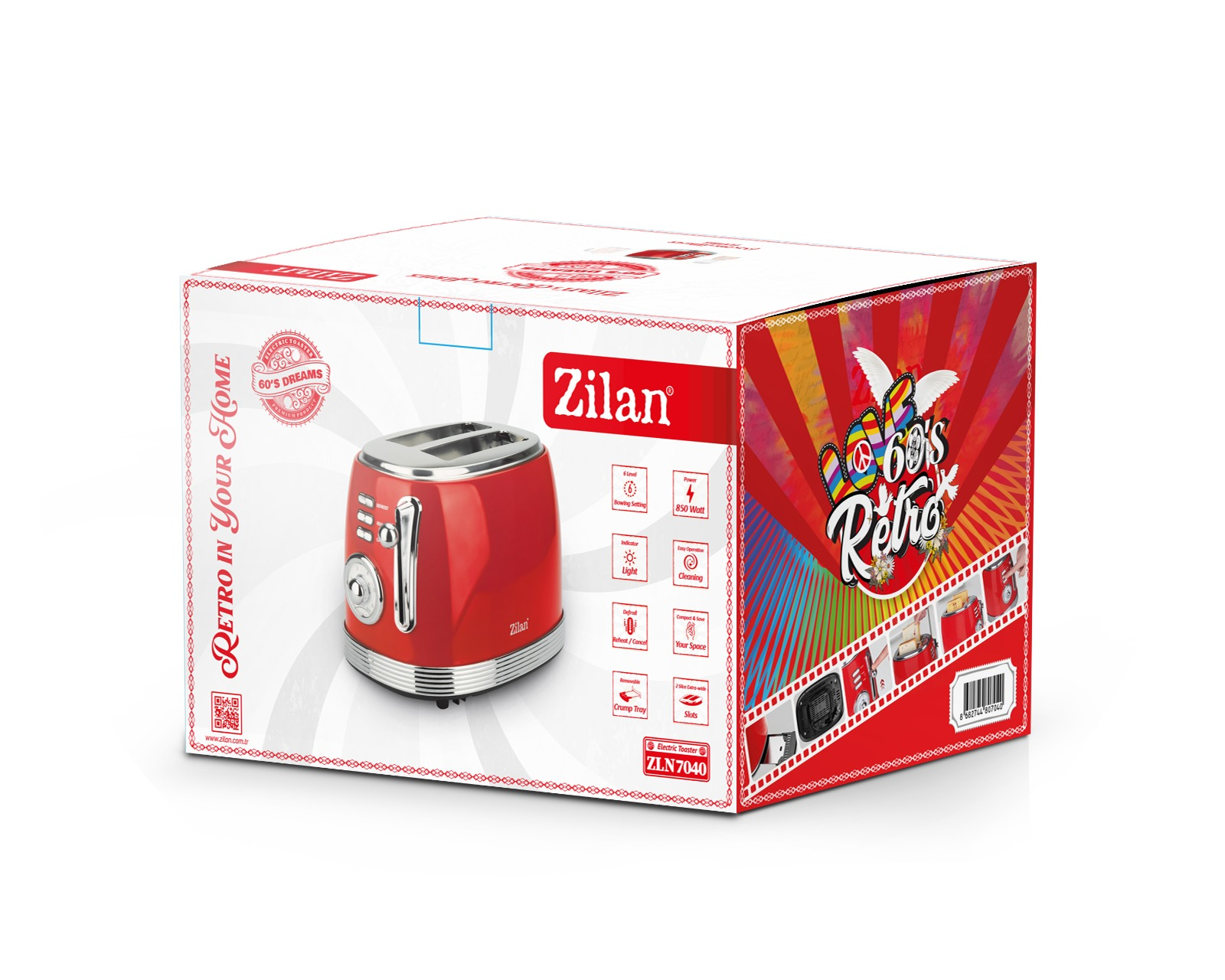60'lar temalı ambalajda kırmızı retro Zilan ekmek kızartma makinesi.