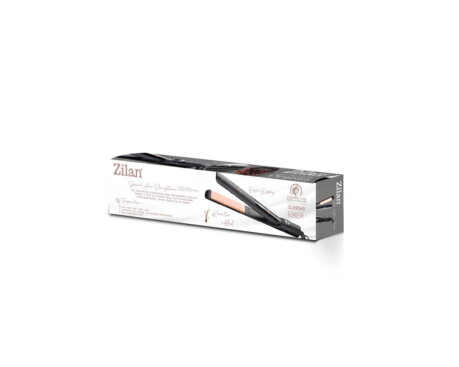Dijital ekranlı ve keratin özellikli Zilan saç düzleştirici ambalajı.