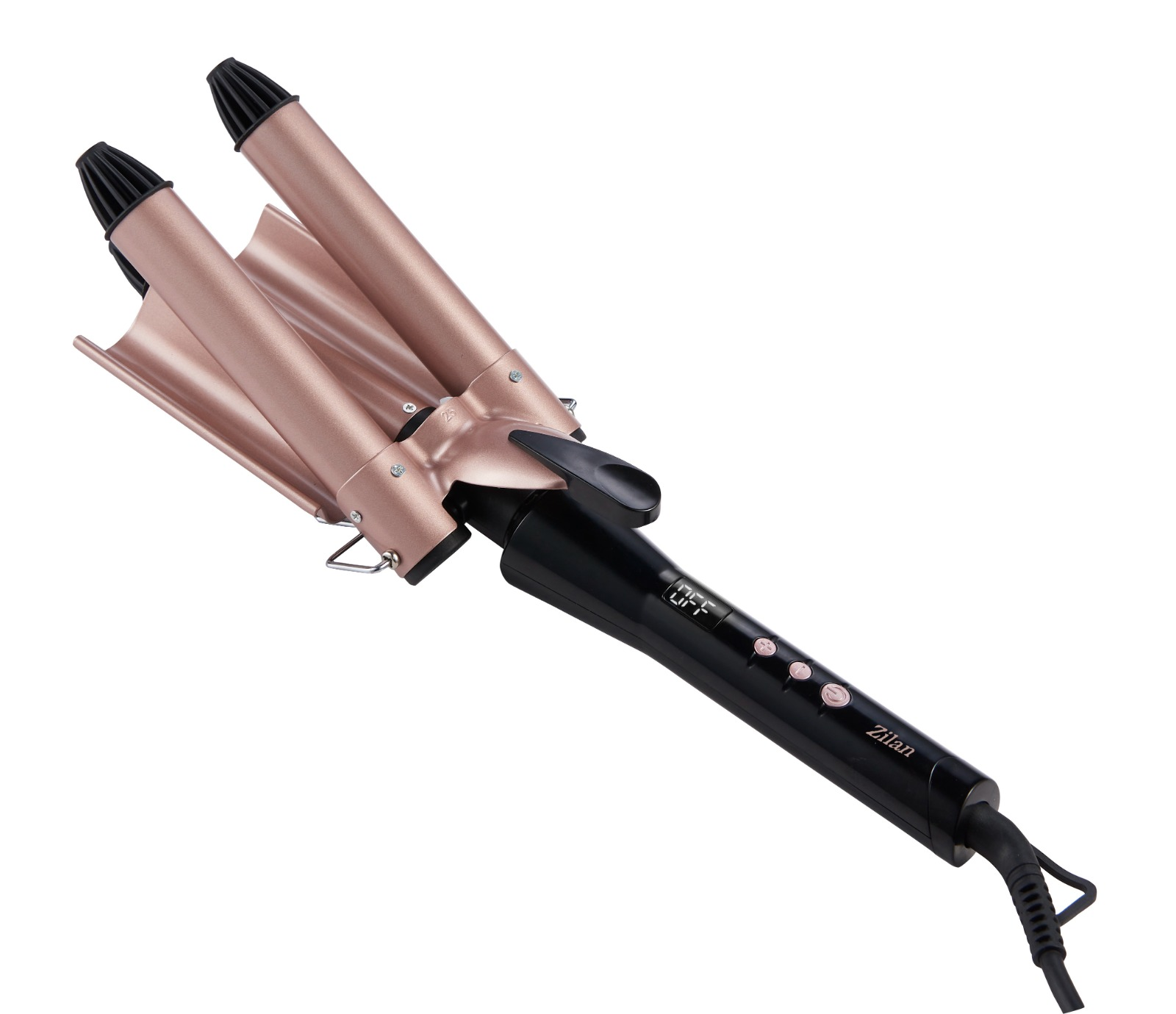 Siyah saplı ve dijital ekranlı, rose gold üçlü saç maşası.