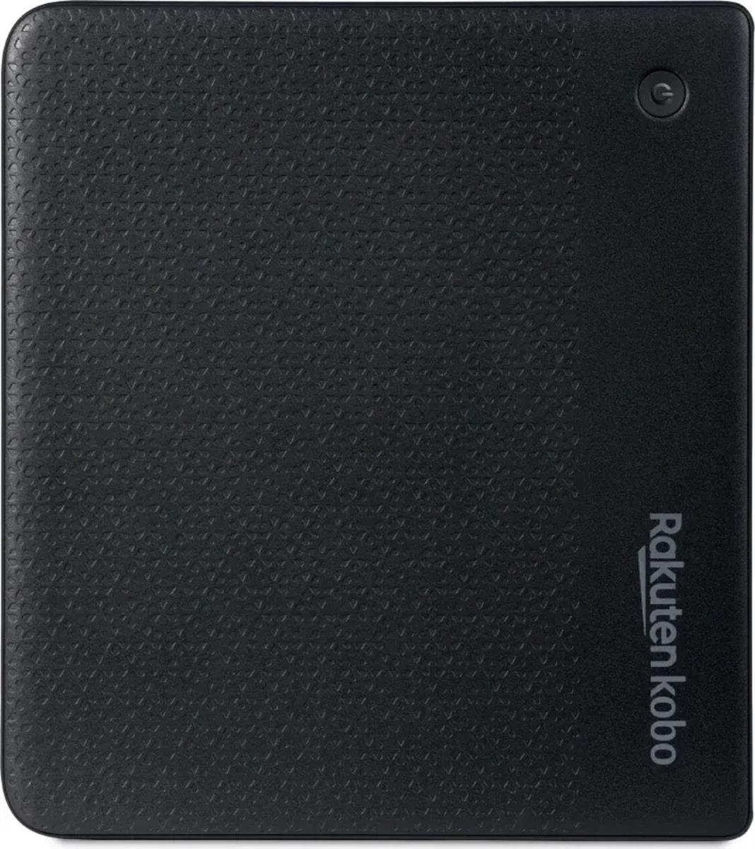 Dispositivo e-reader Kobo nero con motivo testurizzato e logo.