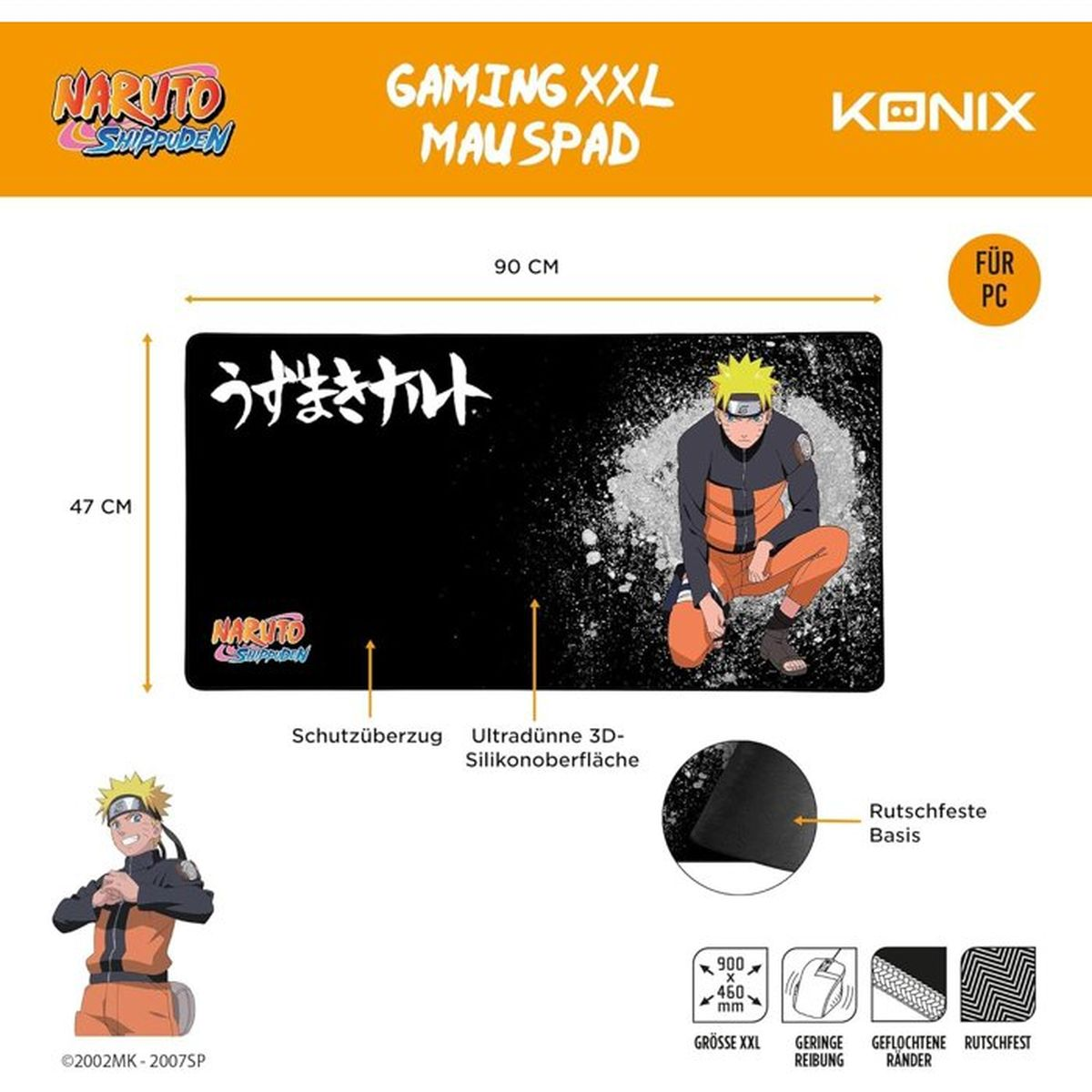 Alfombrilla de ratón Naruto Shippuden Gaming XXL de Konix, 90x47cm, con Naruto y base antideslizante.