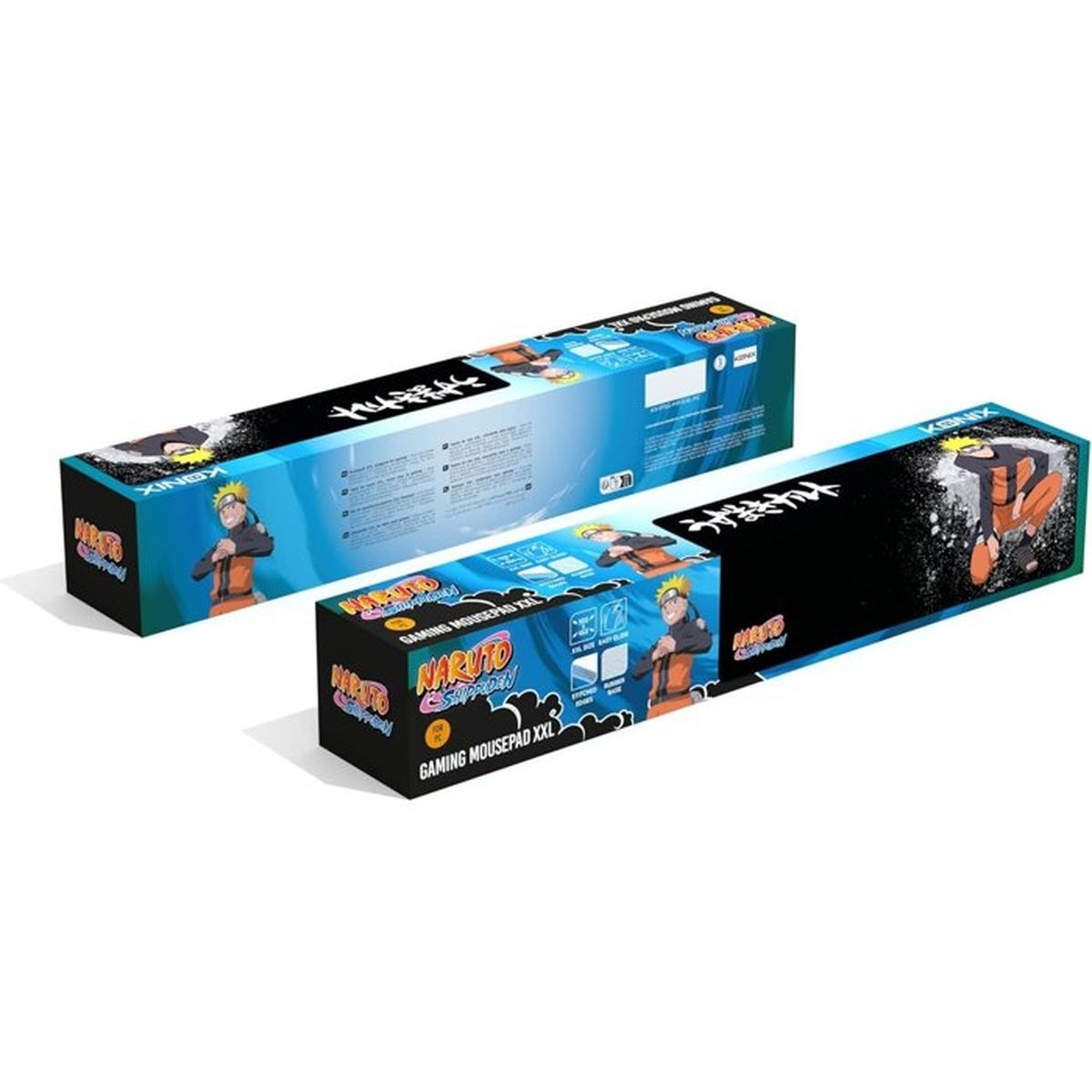 Dos alfombrillas de ratón gaming con temática de Naruto en embalaje. Naruto está en las cajas.