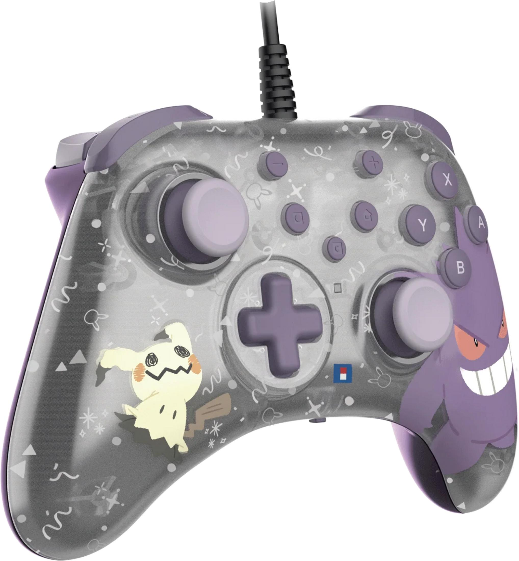 Szary kontroler ze wzorami Pokémon: Mimikyu i Gengar.