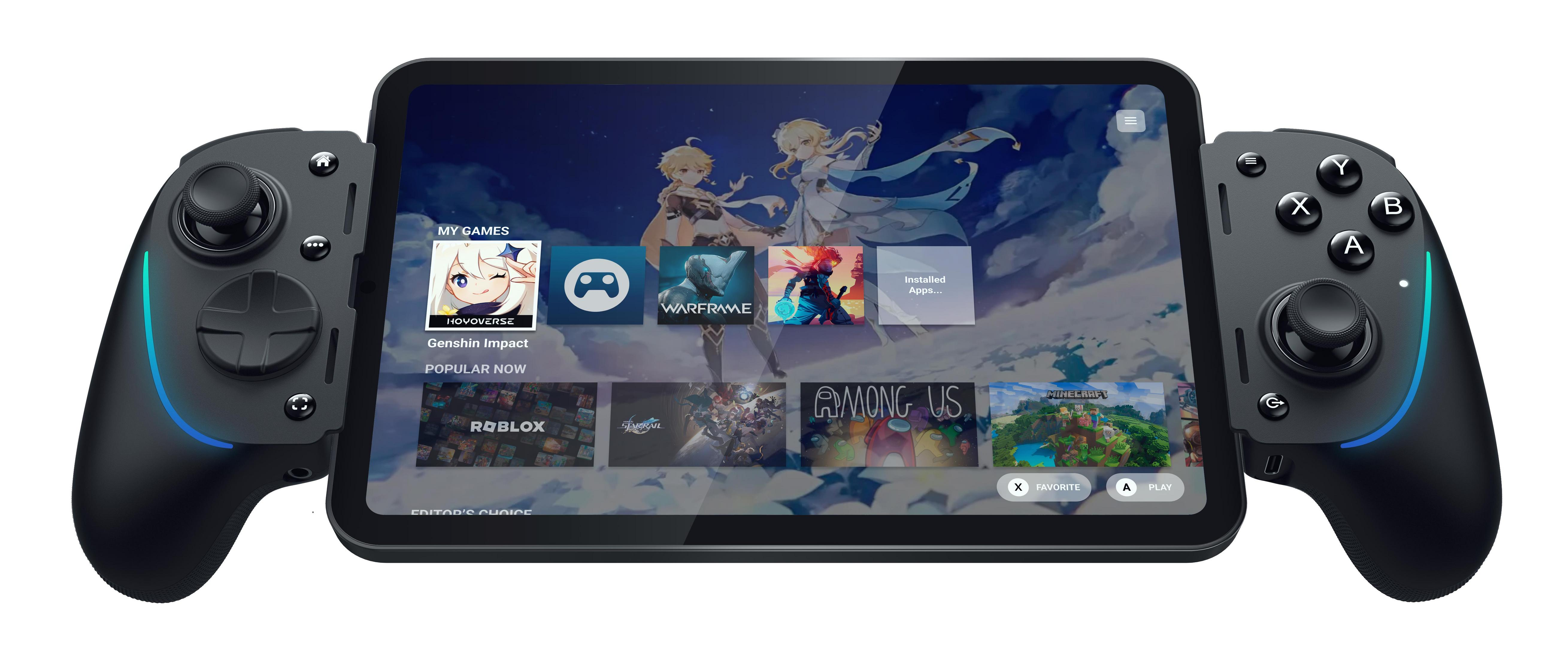 Ein schwarzer Controller mit einem Tablet, das Spiele wie Genshin Impact zeigt.