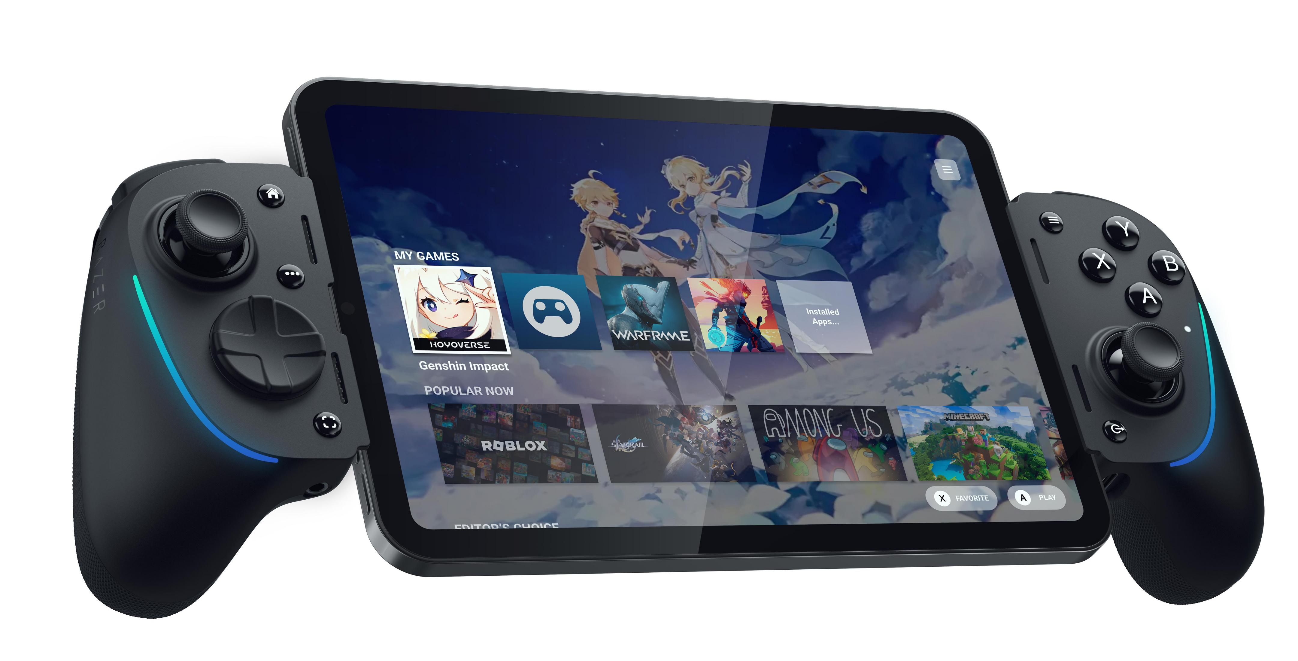 Ein Tablet mit Gamecontrollern, das Spiele wie Genshin Impact anzeigt.