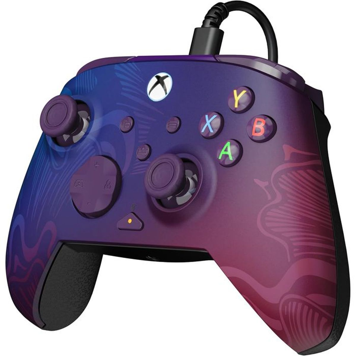 Un controller Xbox viola sfumato da blu a rosso con un motivo.