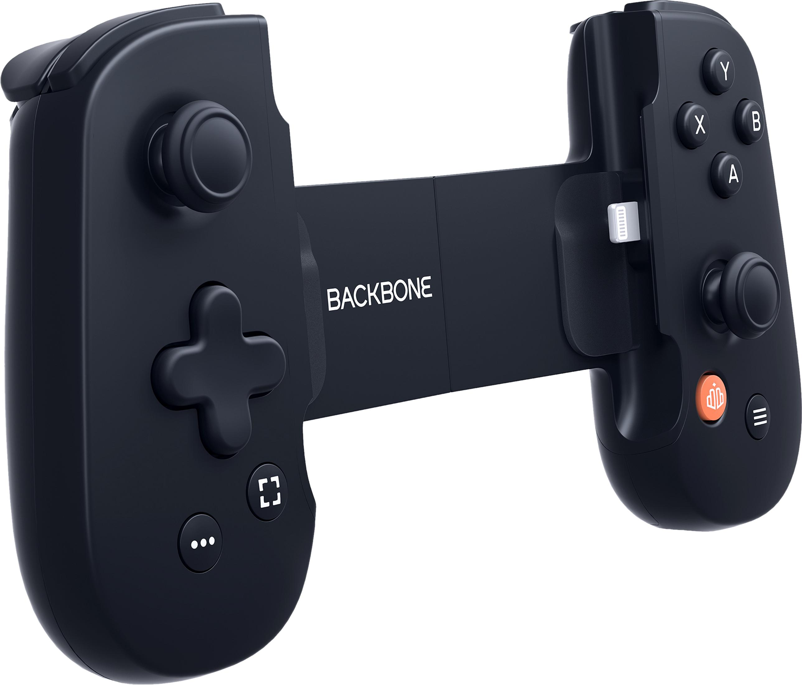 Zwarte Backbone controller met joysticks, knoppen en oplaadpoort.