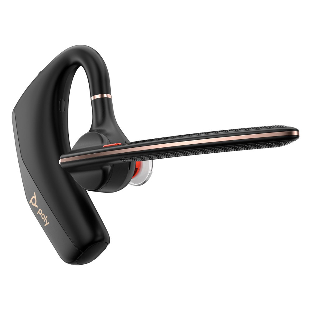 Casque noir Poly avec garniture or rose. Design minimaliste.