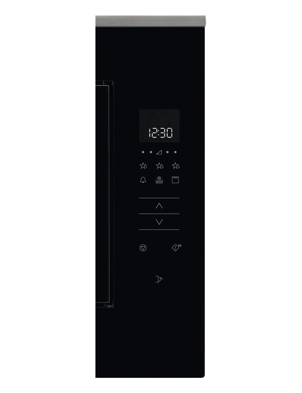 Puerta de microondas negra con pantalla digital 12:30 y botones de control.
