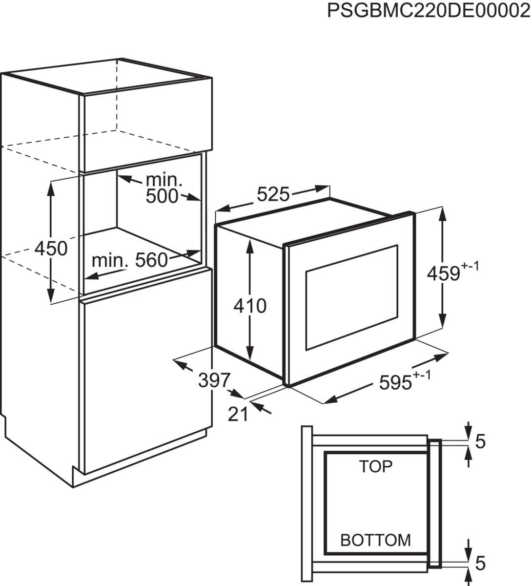 Dibujo técnico de un horno empotrado con dimensiones.