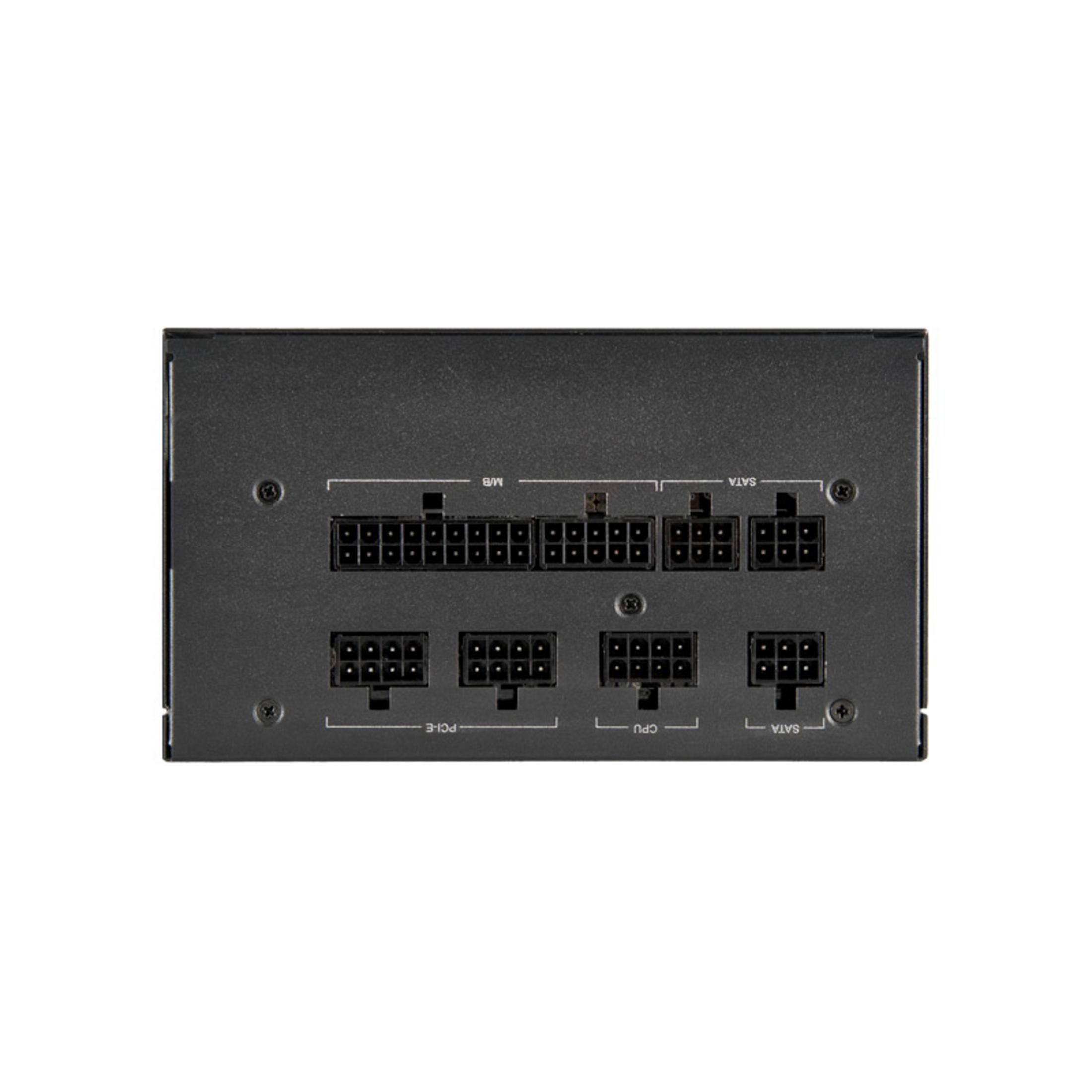 Alimentatore nero con più porte: MB, SATA, PCIe, CPU.
