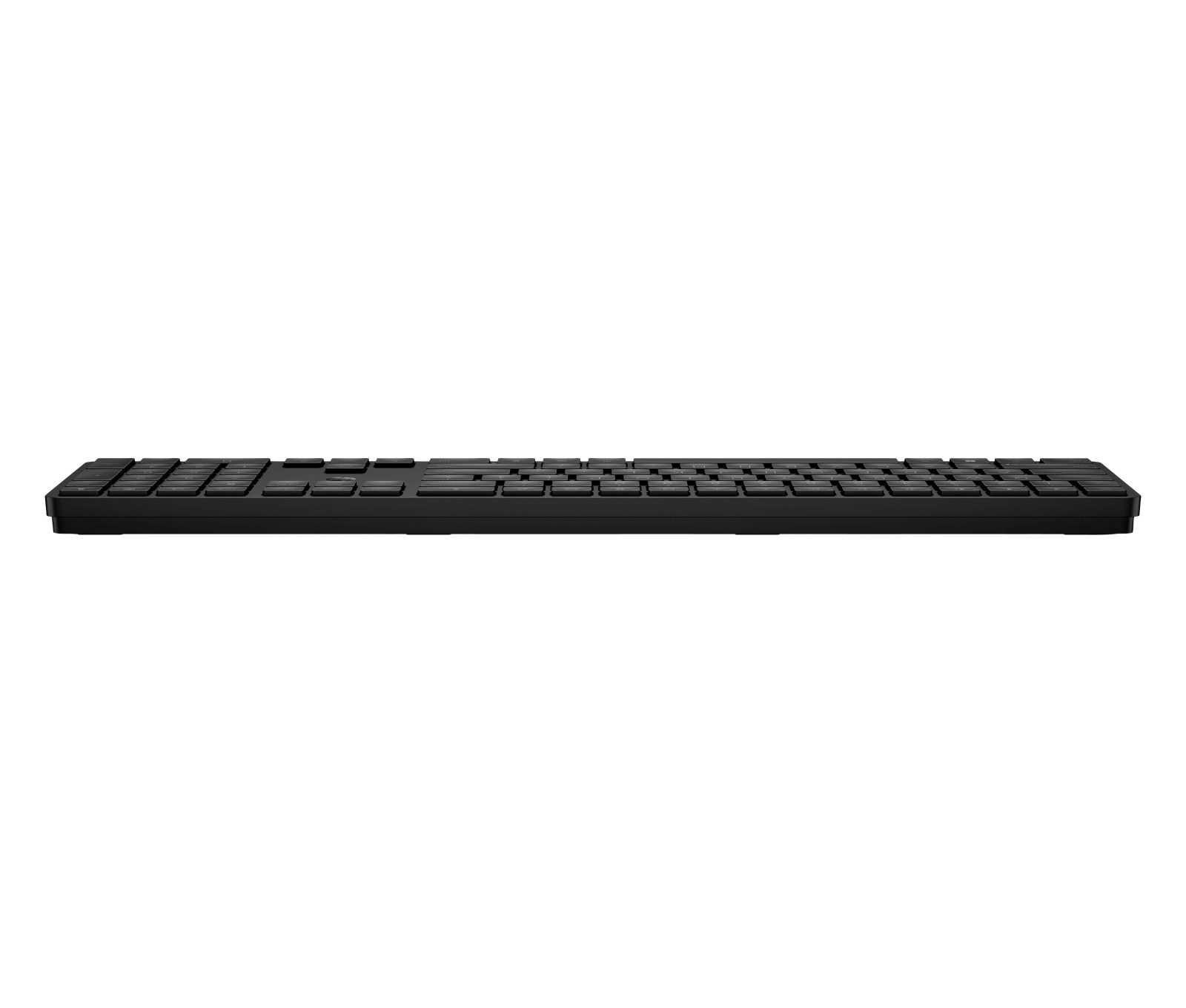 Schwarze Tastatur mit flachen Tasten auf weißem Hintergrund.