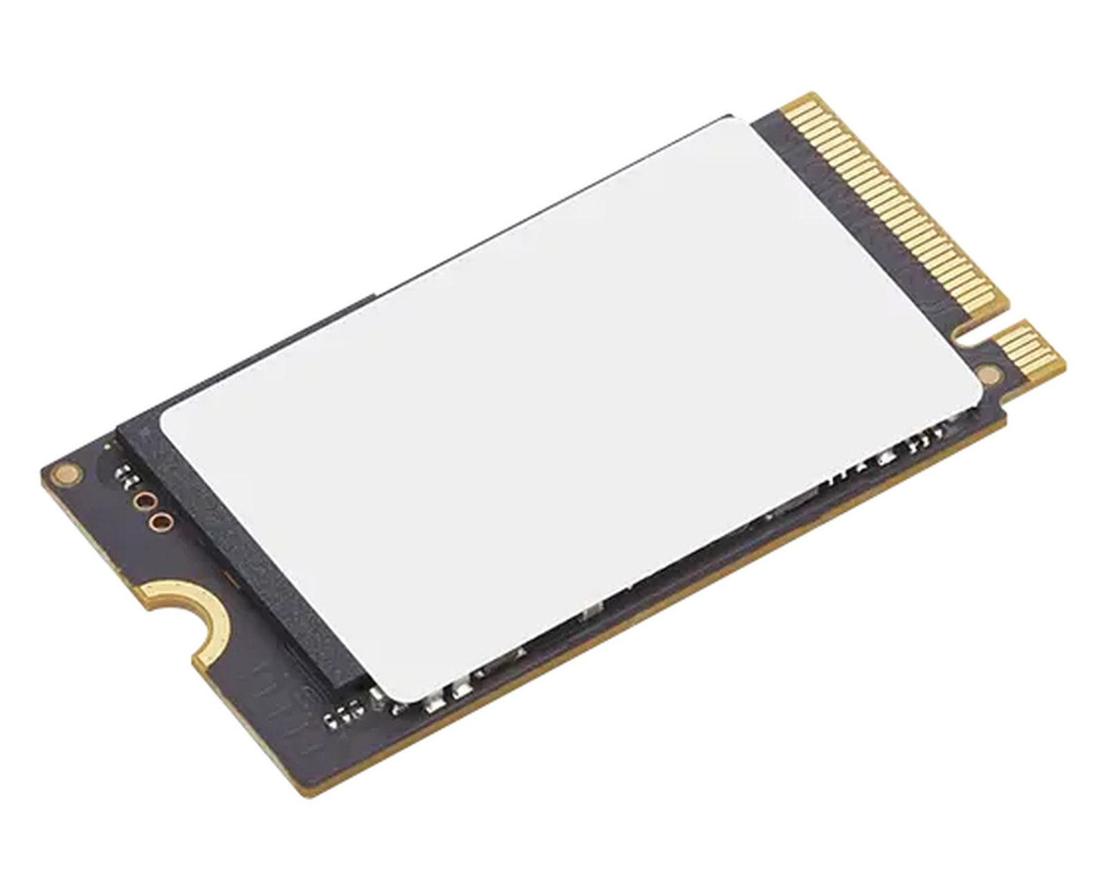 Pusta biała karta SSD ze złotymi złączami na białym tle.