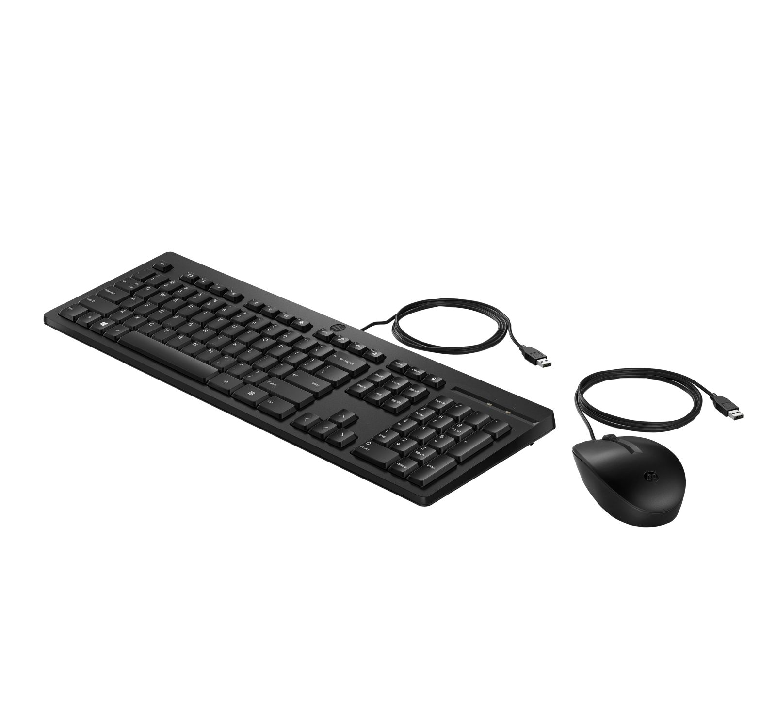 Tastiera e mouse neri con cavi USB su sfondo bianco.
