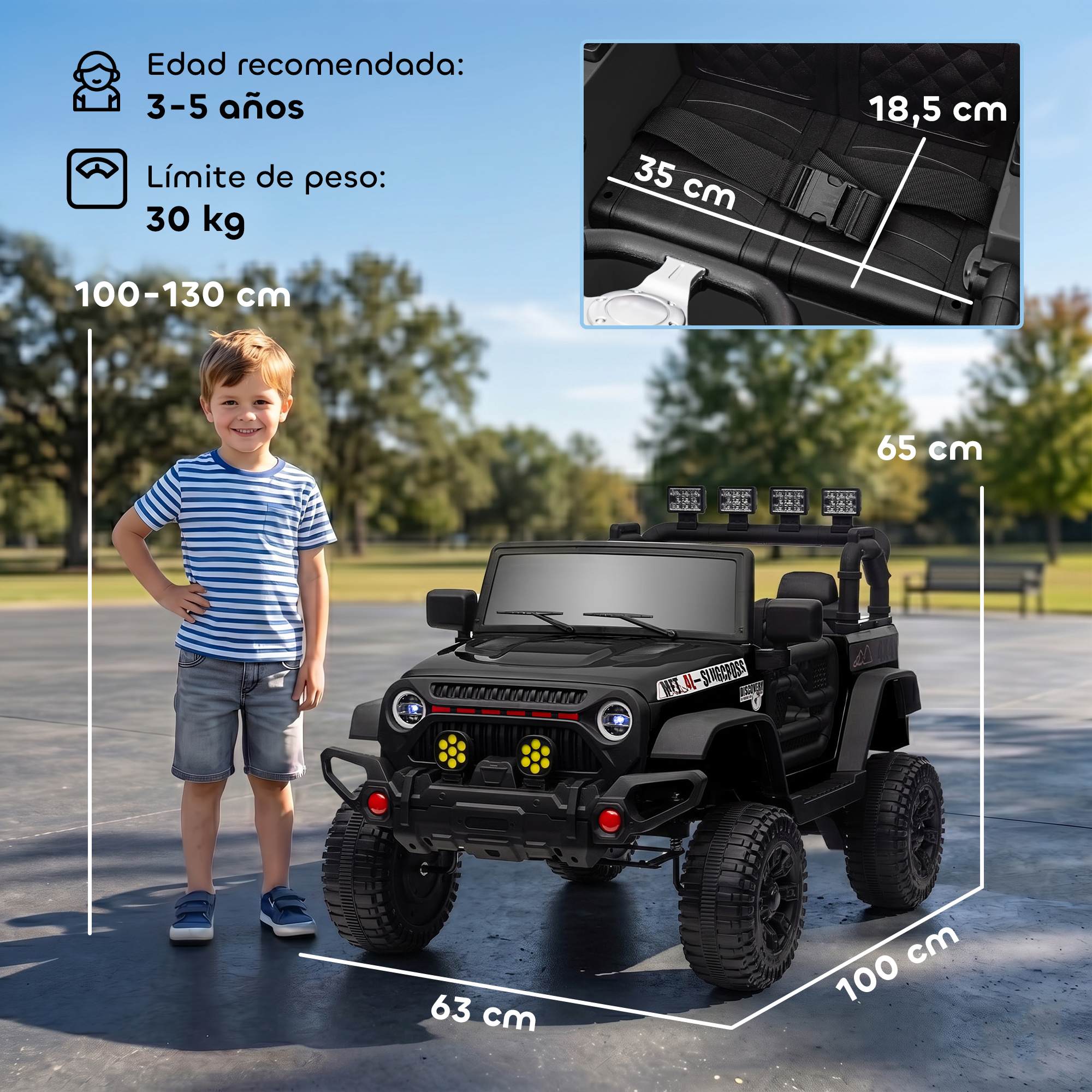 Un niño está al lado de un jeep eléctrico negro. Se indican las medidas.
