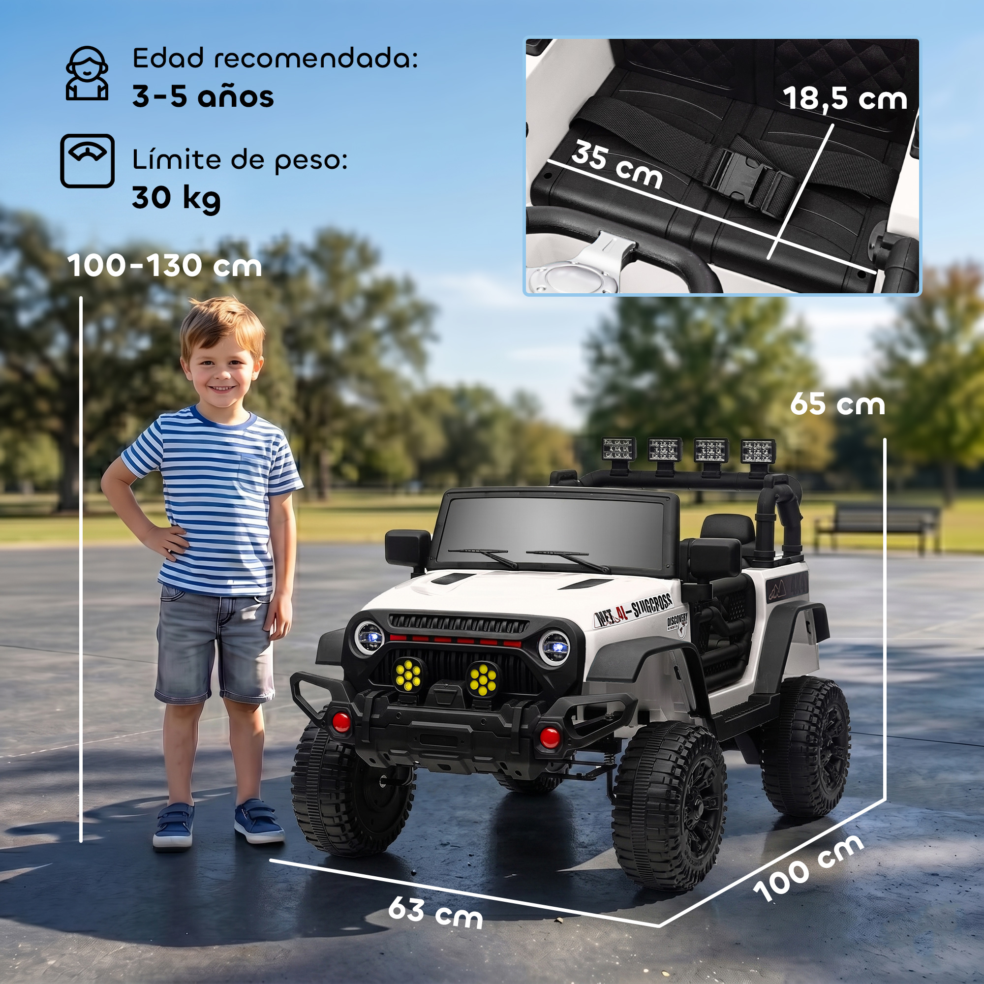 Un niño junto a un Jeep eléctrico blanco con detalles; se muestran las dimensiones.