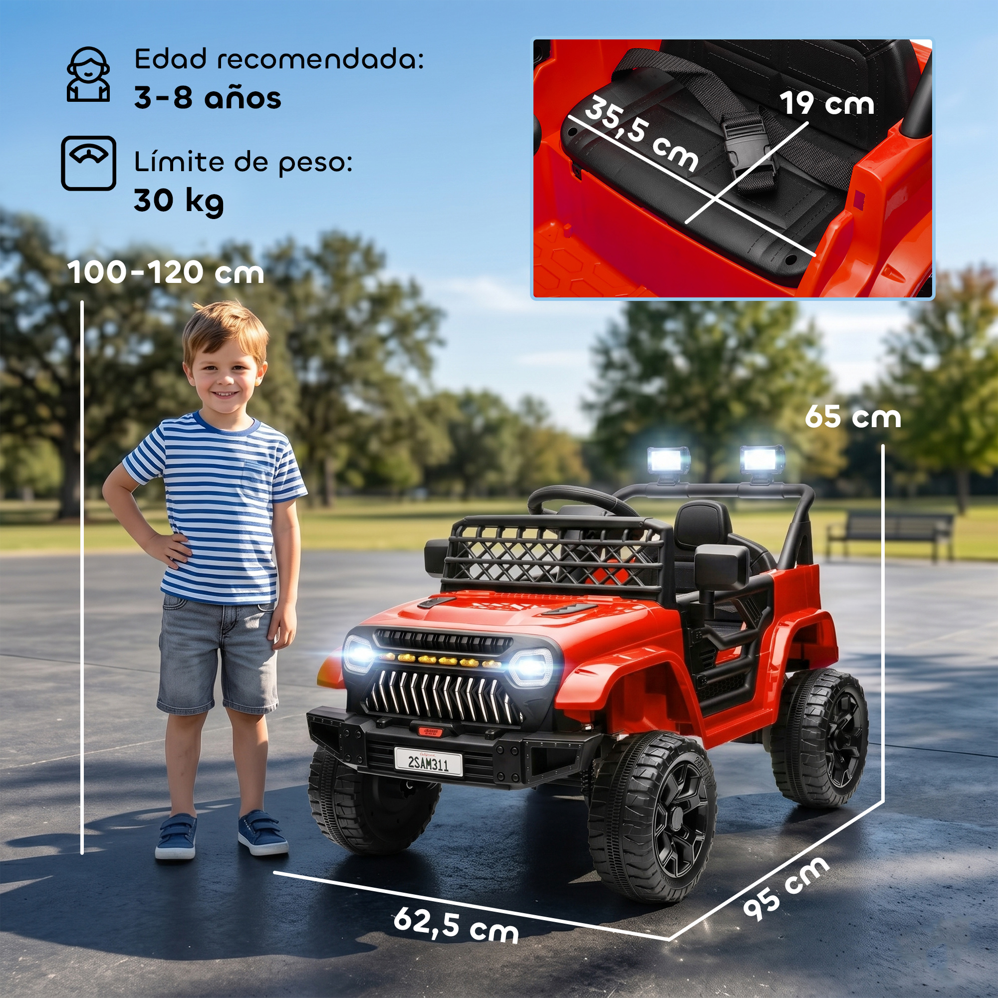 Un niño junto a un jeep eléctrico rojo. Se muestran dimensiones y recomendaciones de edad.