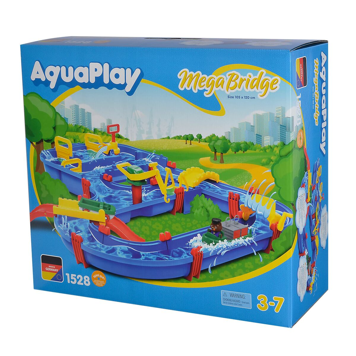 Gioco AquaPlay Mega Bridge con canali d'acqua, barche e figure su scatola blu.