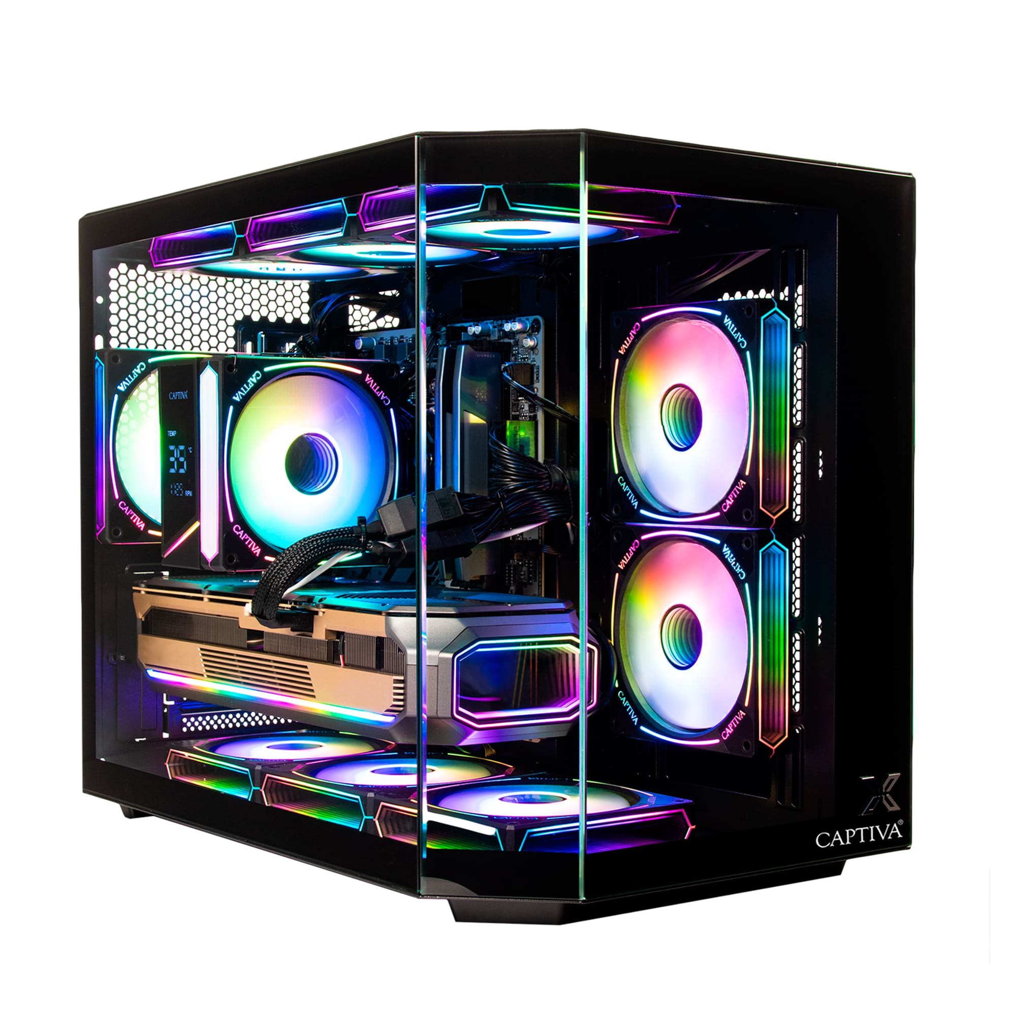 Czarna obudowa komputera z szklanym frontem i wieloma kolorowymi wentylatorami RGB.