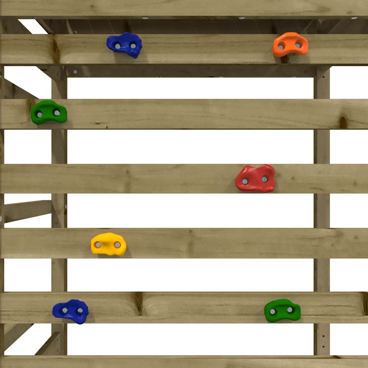 Bunte Klettergriffe auf Holzbrettern, Teil eines Spielgeräts.