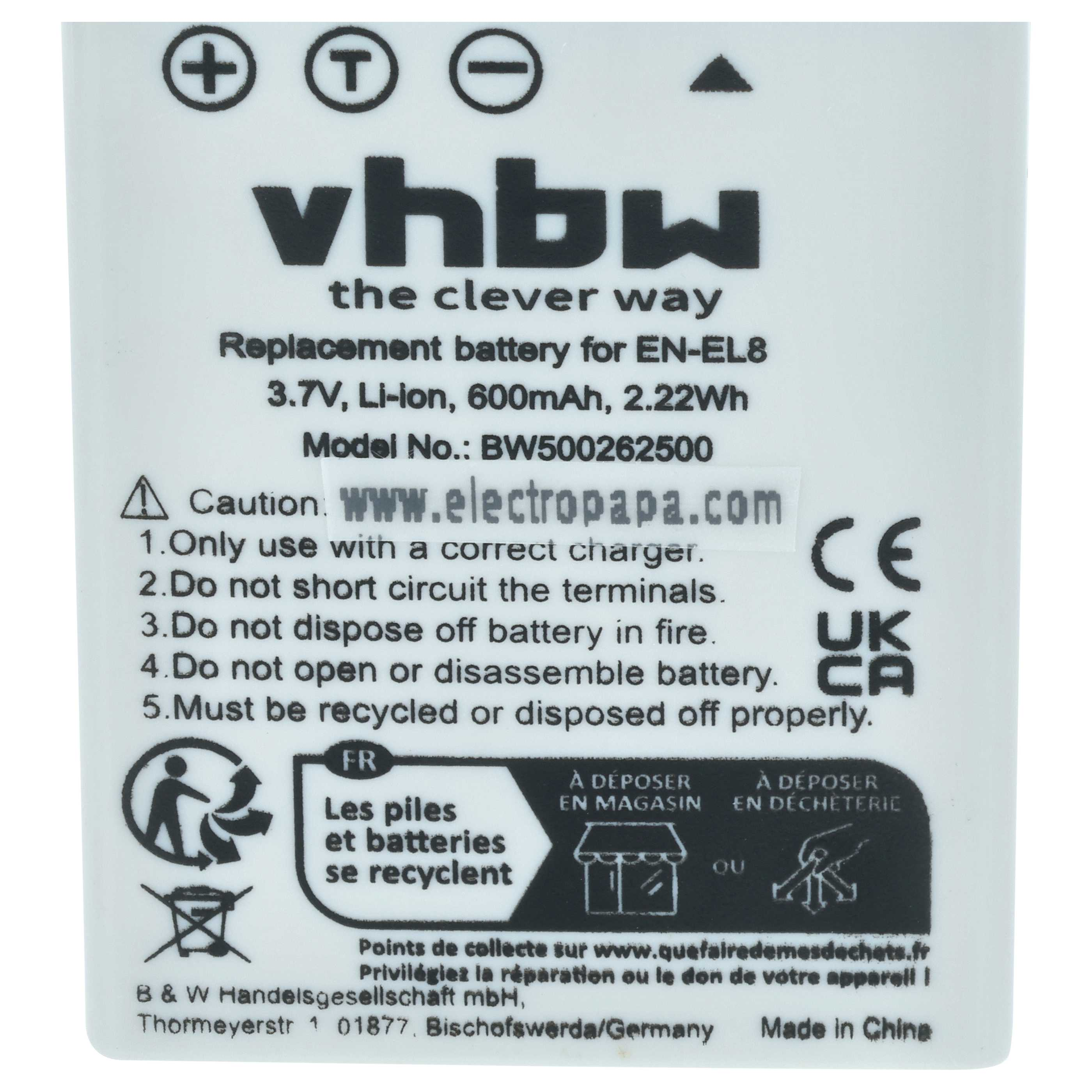 Weiße Batterie mit schwarzem Aufdruck: vhbw, Ersatzakku für EN-EL8, 3.7V, 600mAh.