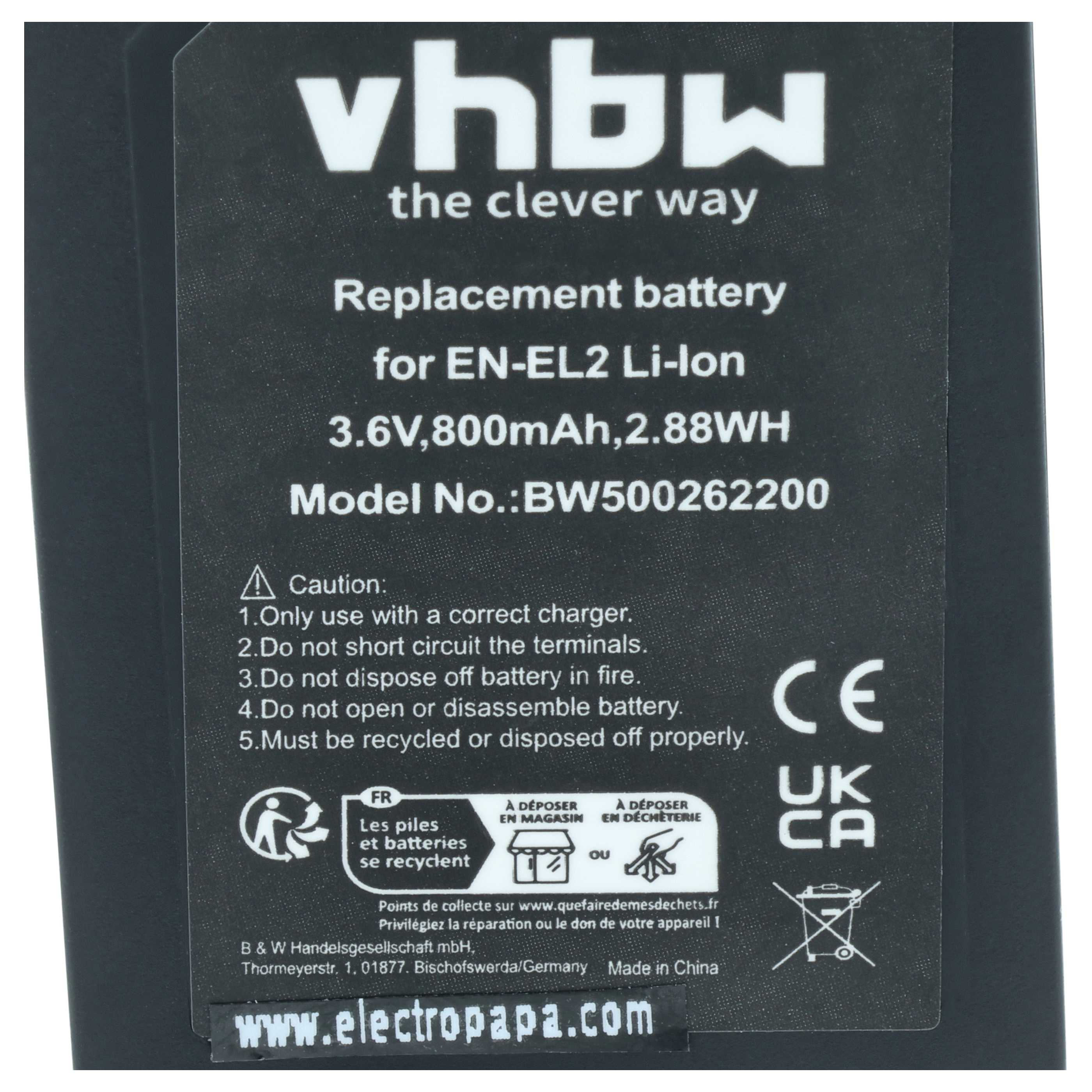 Ersatzakku für EN-EL2 Li-Ion 3,6V, 800mAh, 2,88WH. Modell BW500262200.